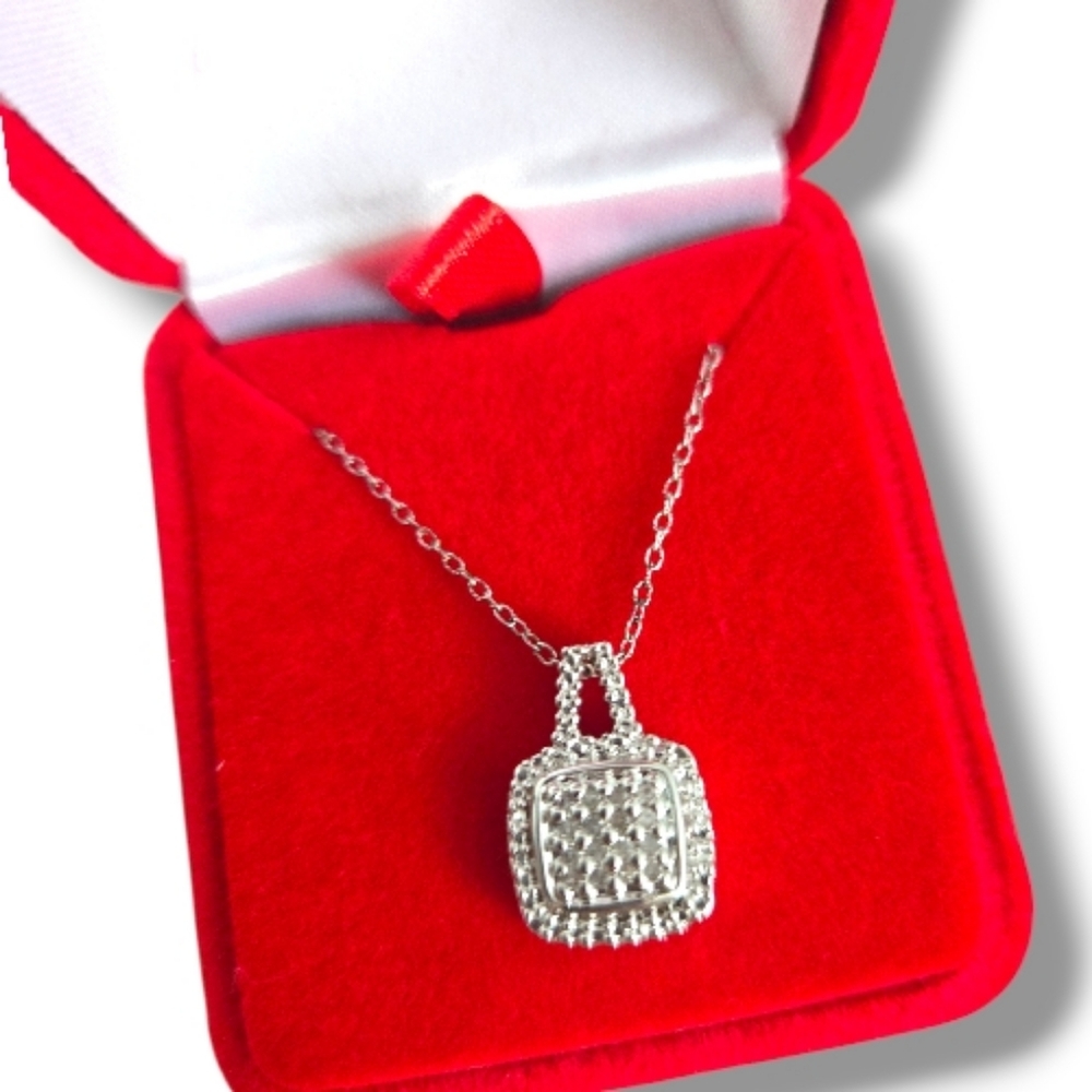 Avon Diamond Pendant Necklace, Platinum Plated, Square Pave, Red Velvet Gift Box